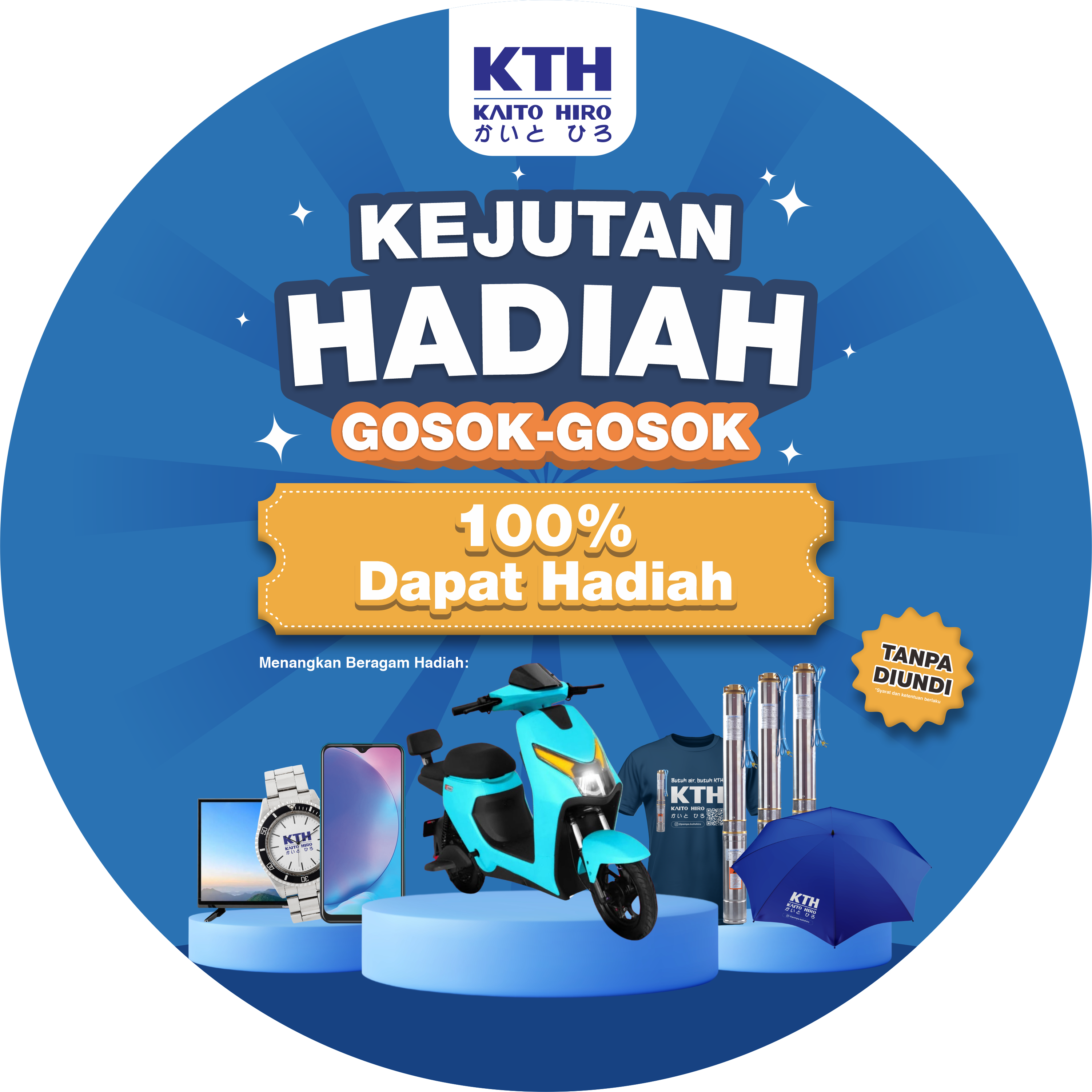 Logo perusahaan, lingkaran biru dengan huruf V putih di tengah